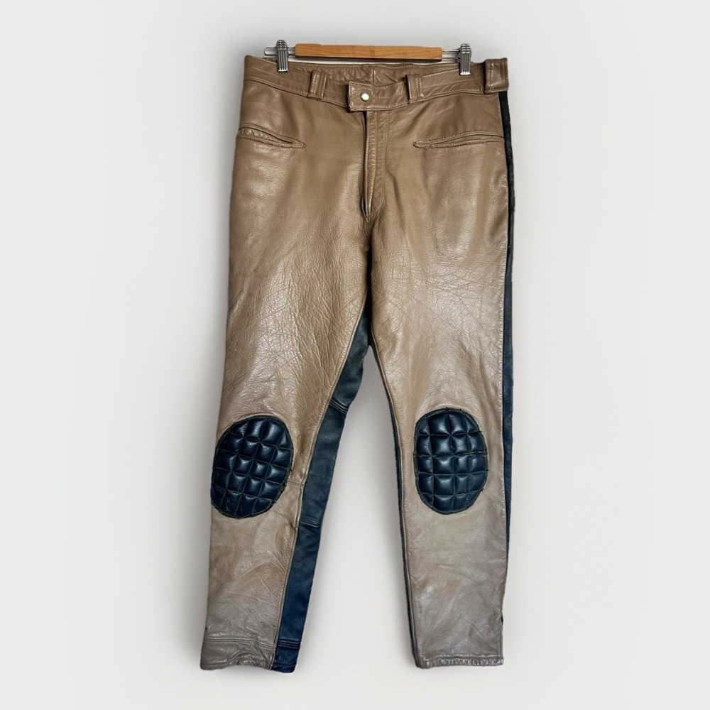 Vintage Leather Two-tone Tan Black Motorcycle Pants Lined - Padded Knees 34x32